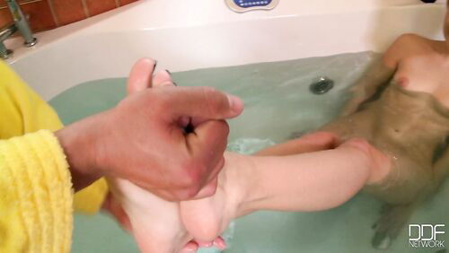 Rub-a-dub-dub, footjob in the tub!